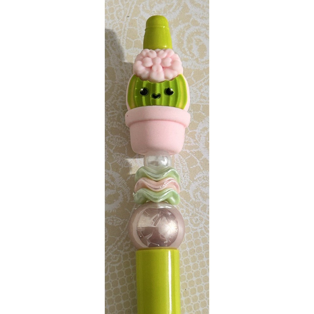 Custom Beaded Pen Green Cactus Plant Gift Handmade Unique Colorful